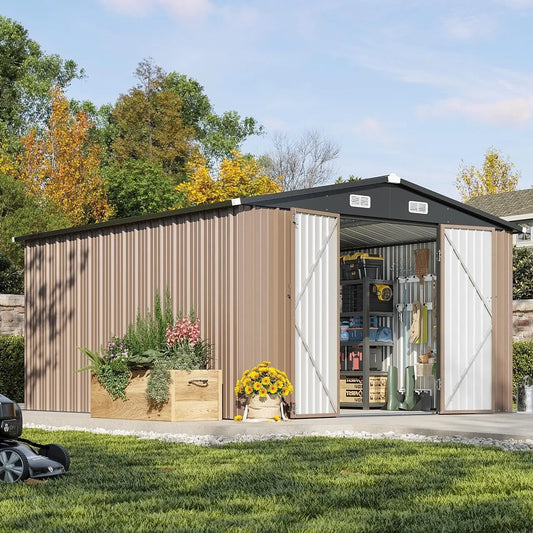 Outdoor Metal Storage Shed With Sloped Roof And Double Hinged Doors