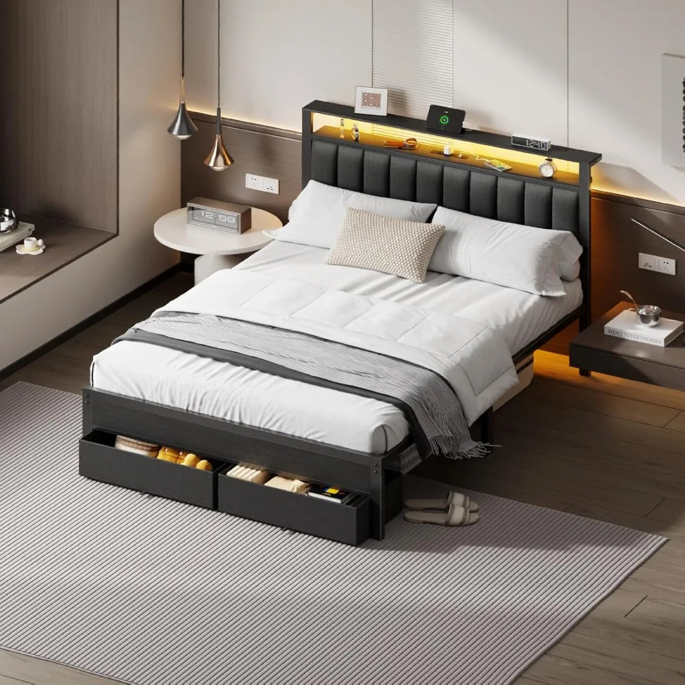 Bed Frame Charging Station And LED Lights, Upholstered Headboard Platform Bed