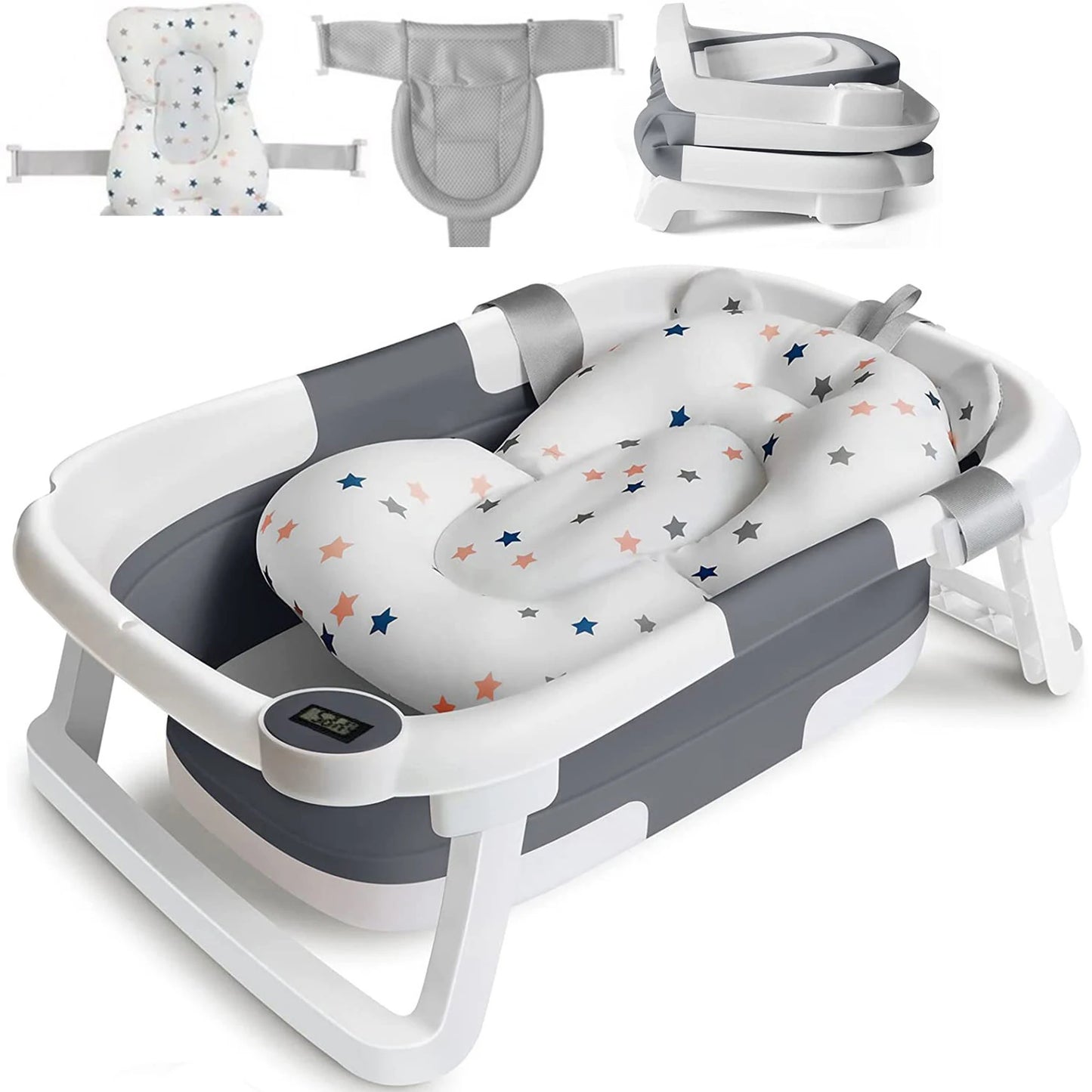 Baby Bath Tub With Cushion Thermometer Foldable Design