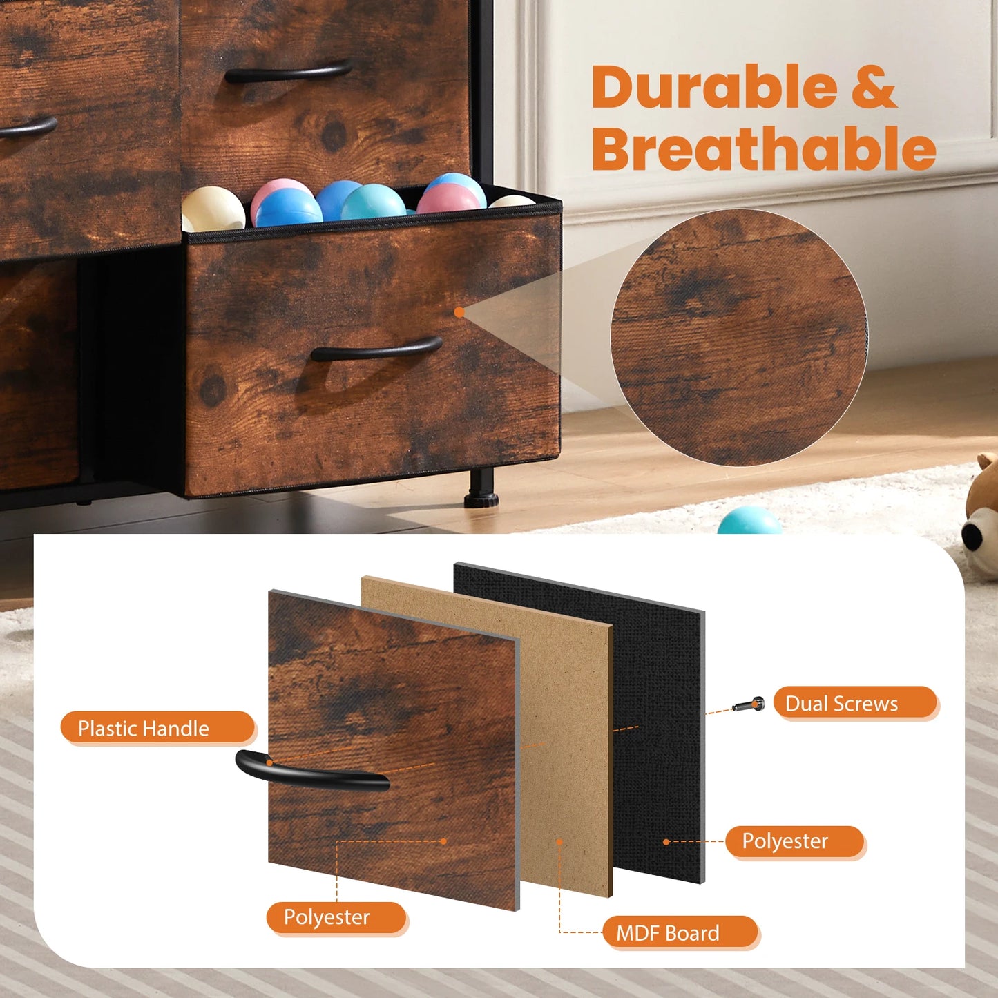 JHK Bedside Table With Fabric Drawers And Steel Frame Wardrobe Storage Cabinet