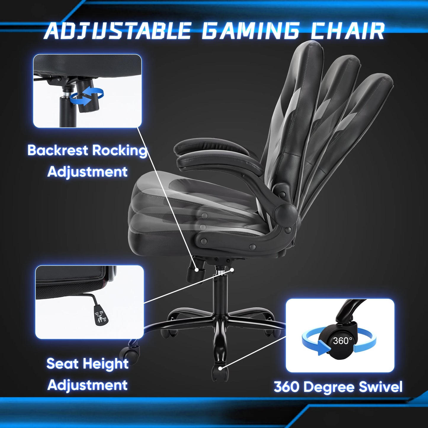 JHK Ergonomic Office Gaming Chair Adjustable PU Leather Racing Chair