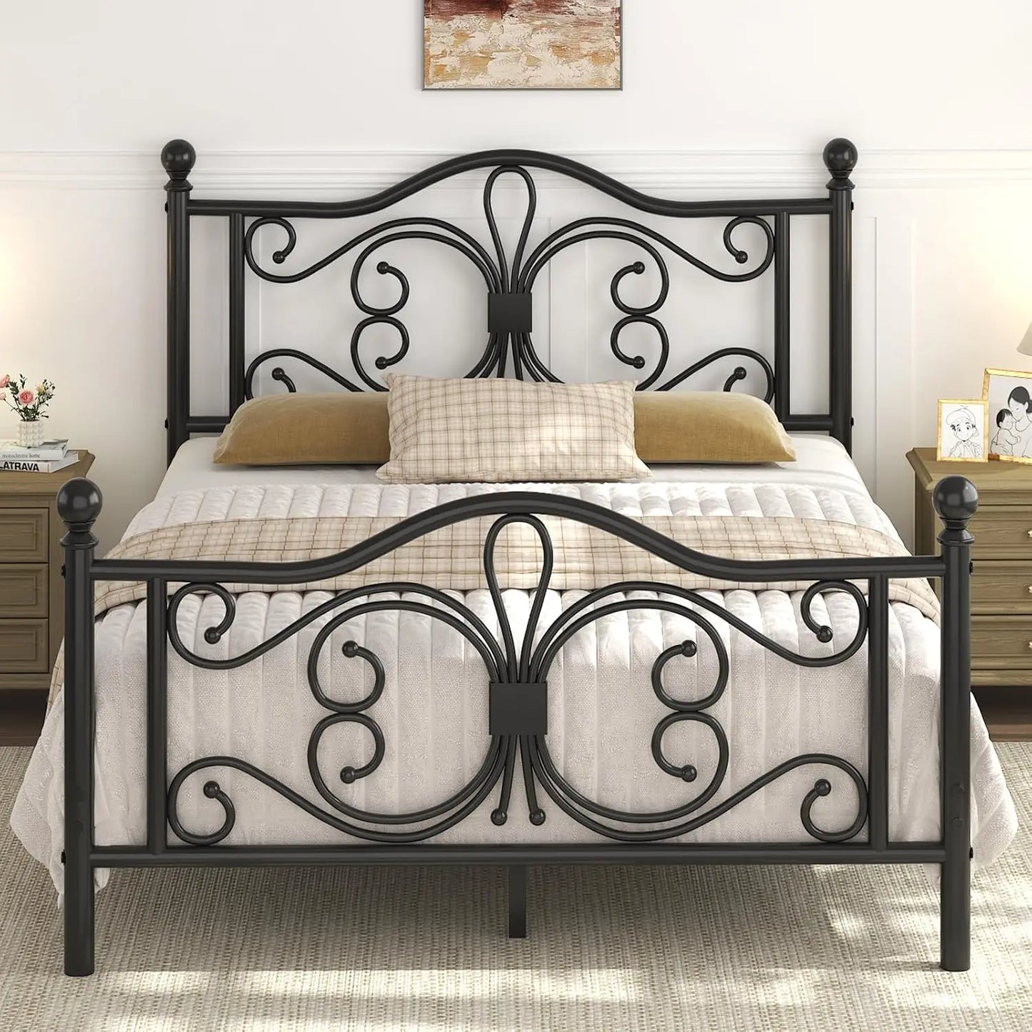 Metal Platform Bed Frame With Butterfly Pattern Headboard Footboard