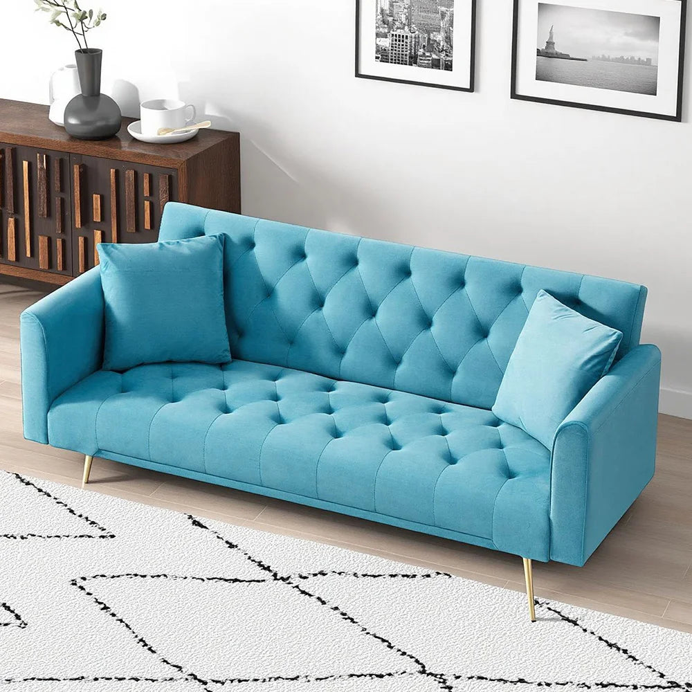 Velvet Convertible Futon Sofa Bed With Gold Metal Legs And 3 Position Backrest