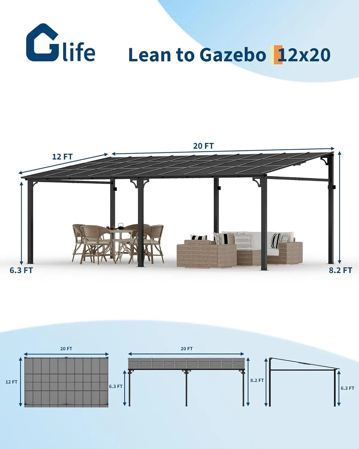 Wall Mounted Lean-To Gazebo With Aluminum Frame And Polycarbonate Roof