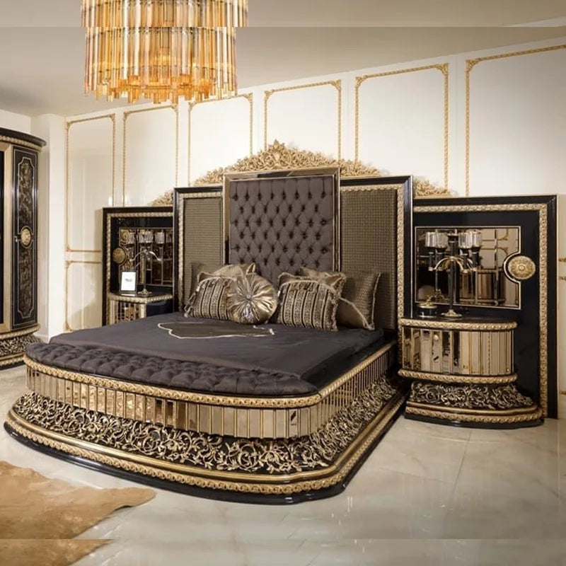 Luxury Solid Hardwood Wood Carving Bed Frame Turkish Classic Design