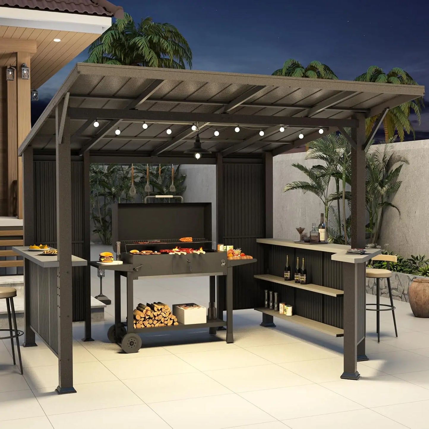 Grill Gazebo With Galvanized Steel Canopy Storage Shelves Privacy Screen