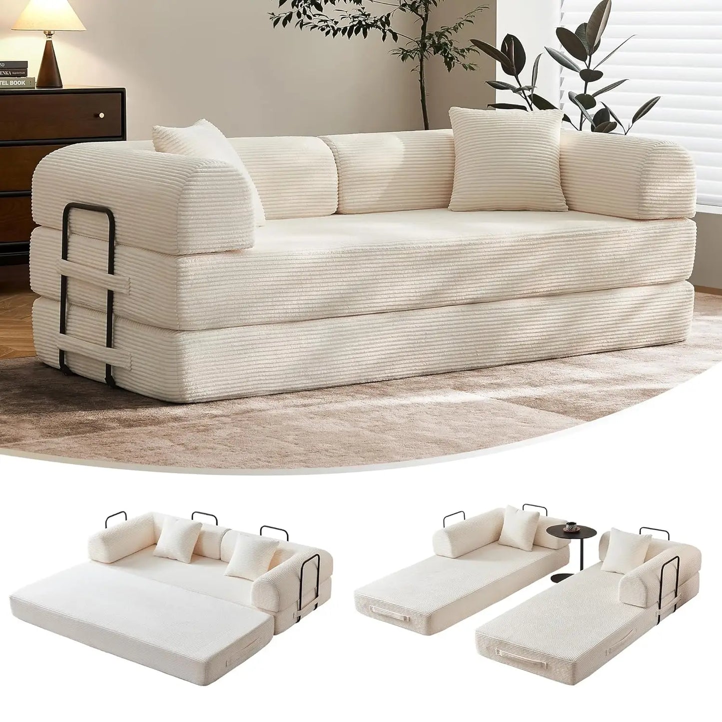 Corduroy Convertible Sofa Bed With Fixed Frame And Removable Armrests