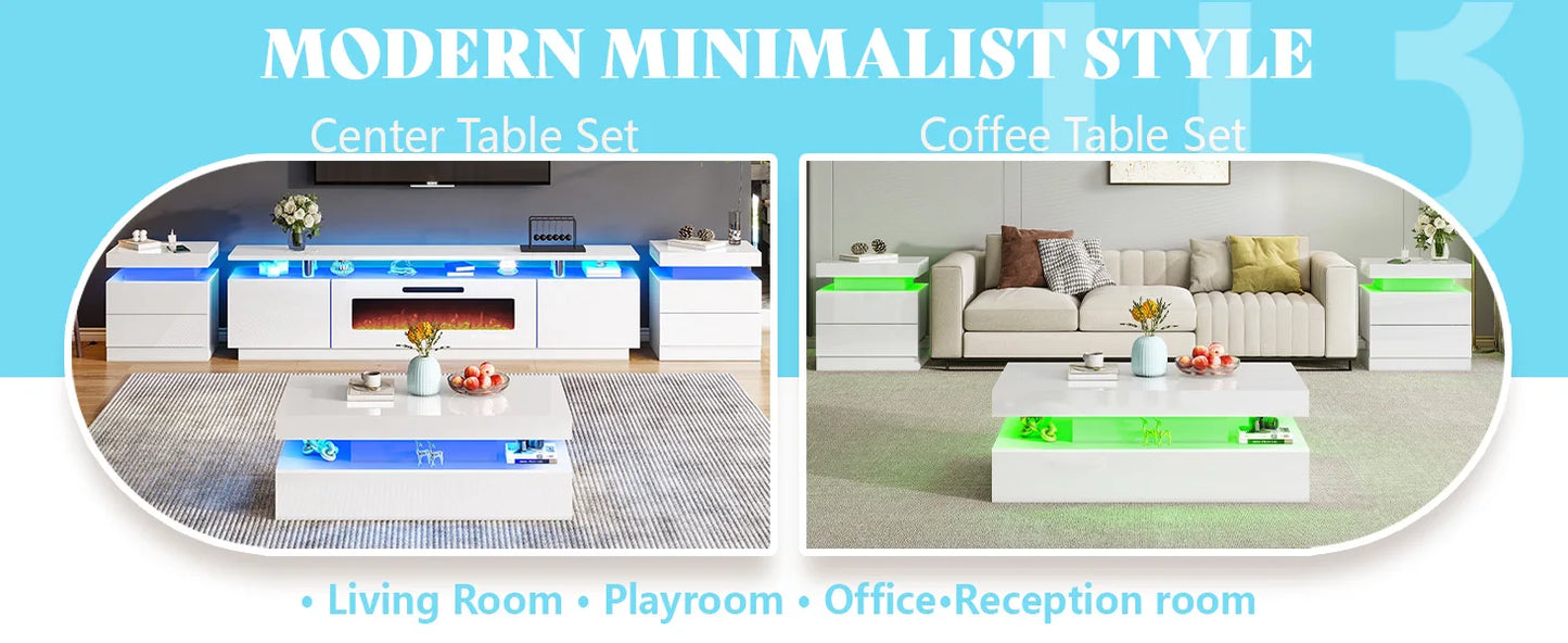 Modern High Gloss Living Room Table Set With Integrated LED