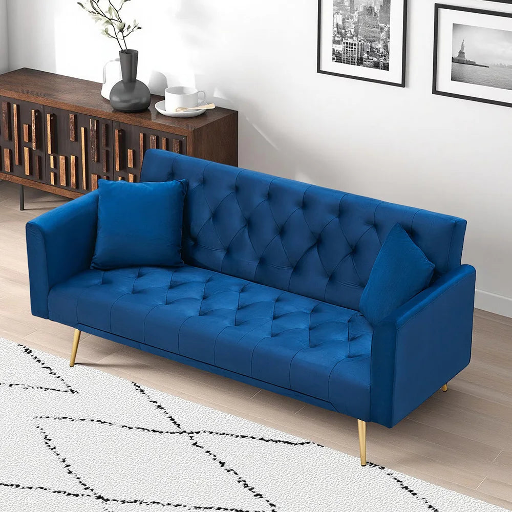 Velvet Convertible Futon Sofa Bed With Gold Metal Legs And 3 Position Backrest