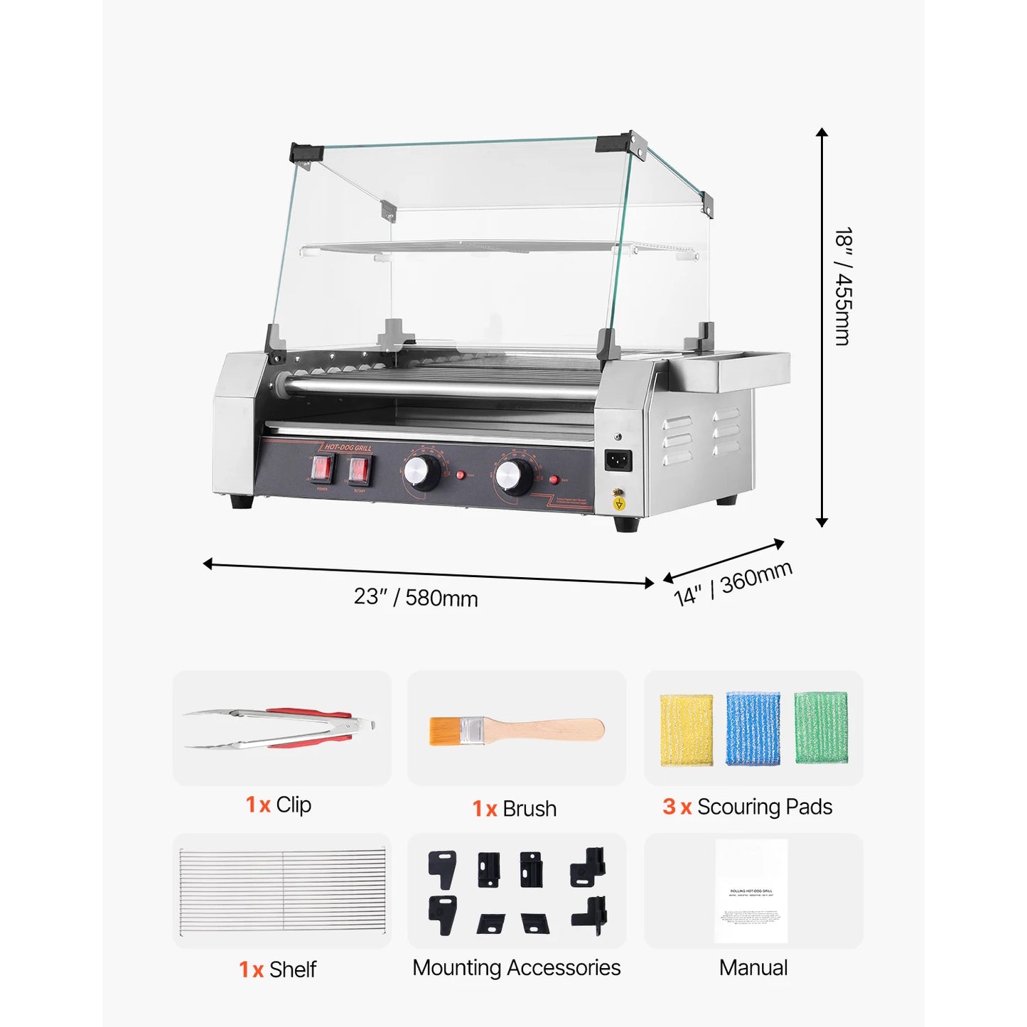 VEVOR Commercial Hot Dog Rollers Stainless Steel Dual Temperature Control