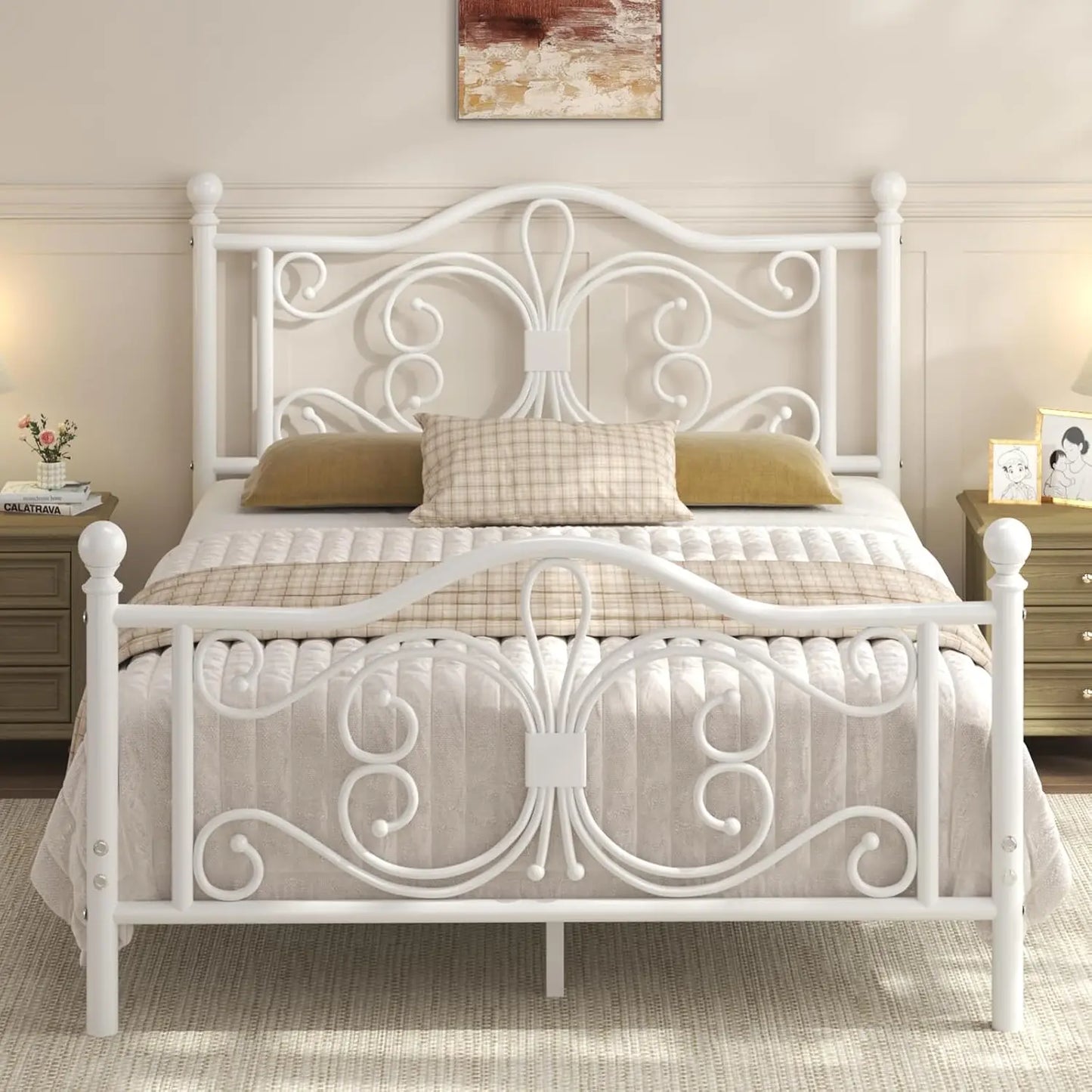 Metal Platform Bed Frame With Butterfly Pattern Headboard Footboard
