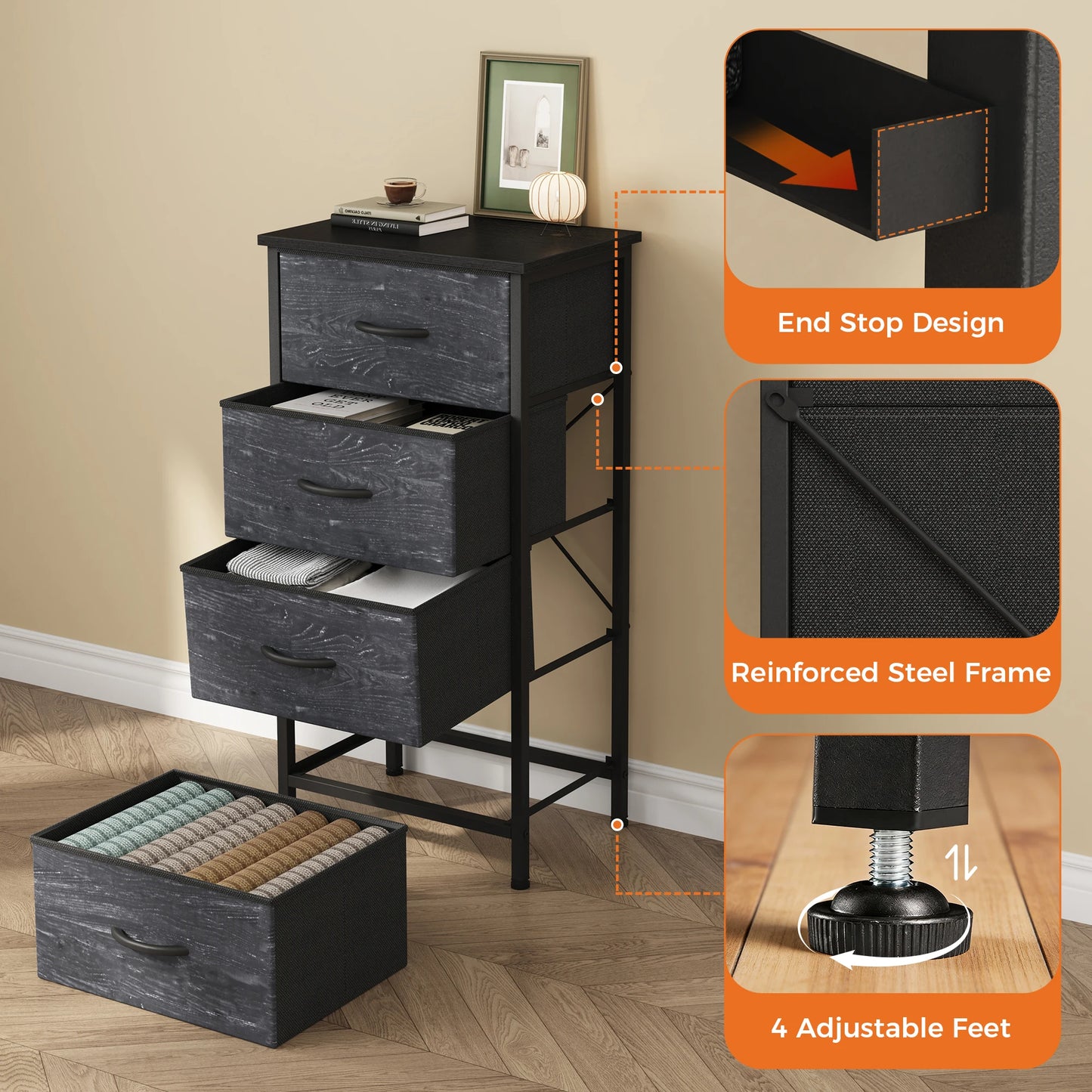 JHK Four Drawer Fabric Cabinets Living Room With Metal Frame