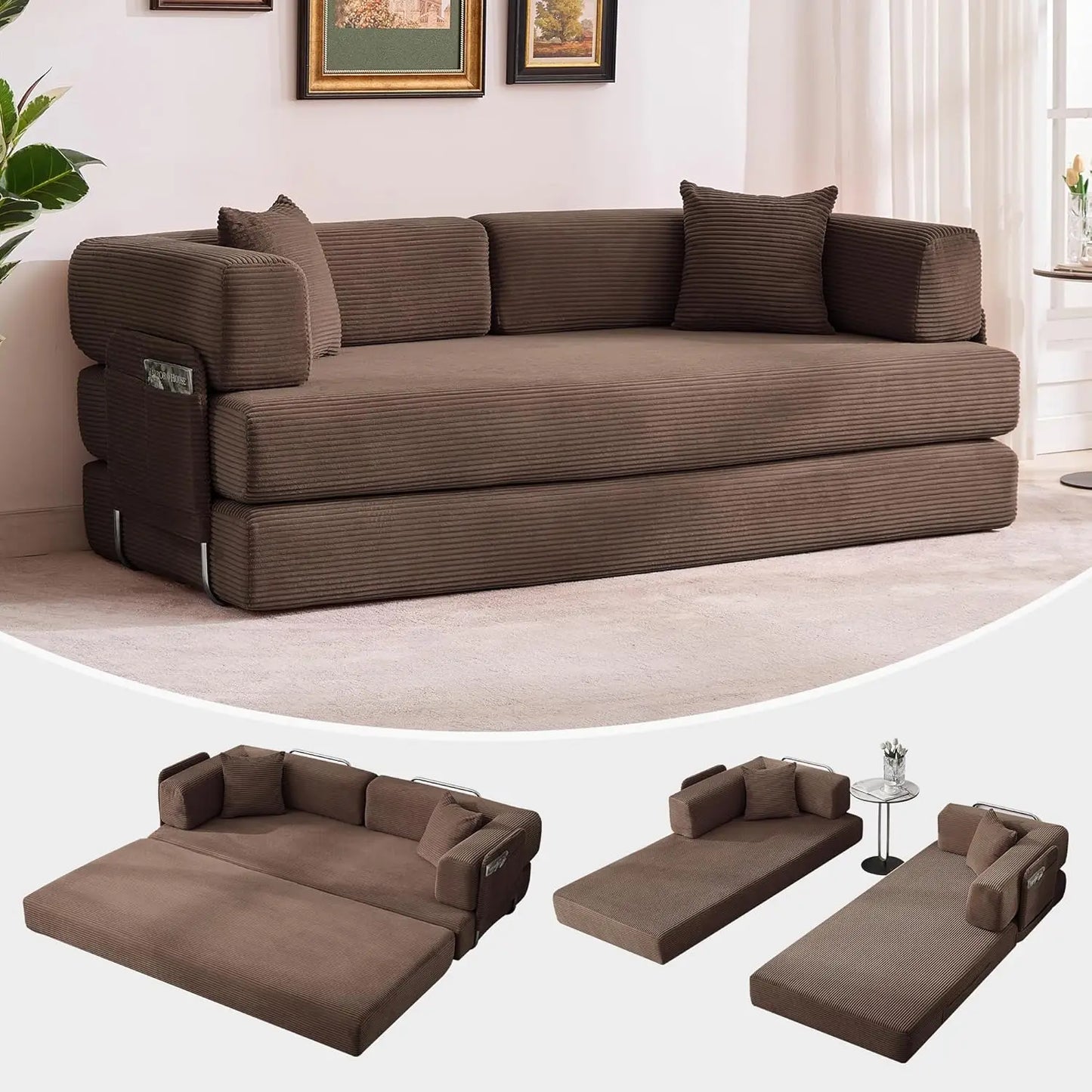 Convertible Sleeper Sofa 5-In-1 Folding Mattress Fixed Frame