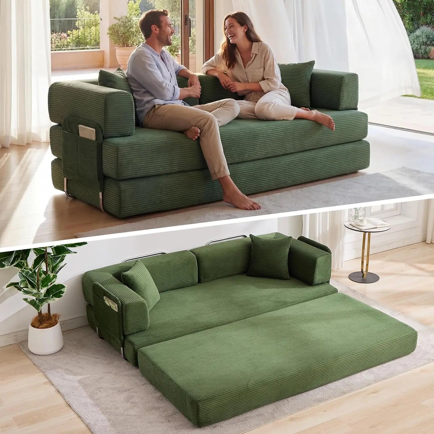Convertible Sleeper Sofa 5-In-1 Folding Mattress Fixed Frame