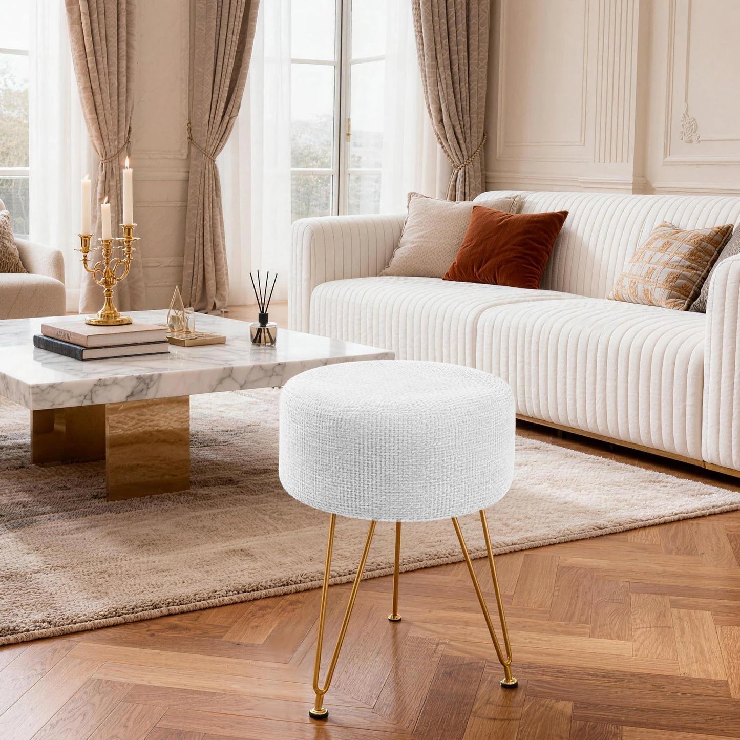 JHK Velvet Round Ottoman Vanity Footrest Stool With Thick Cushion