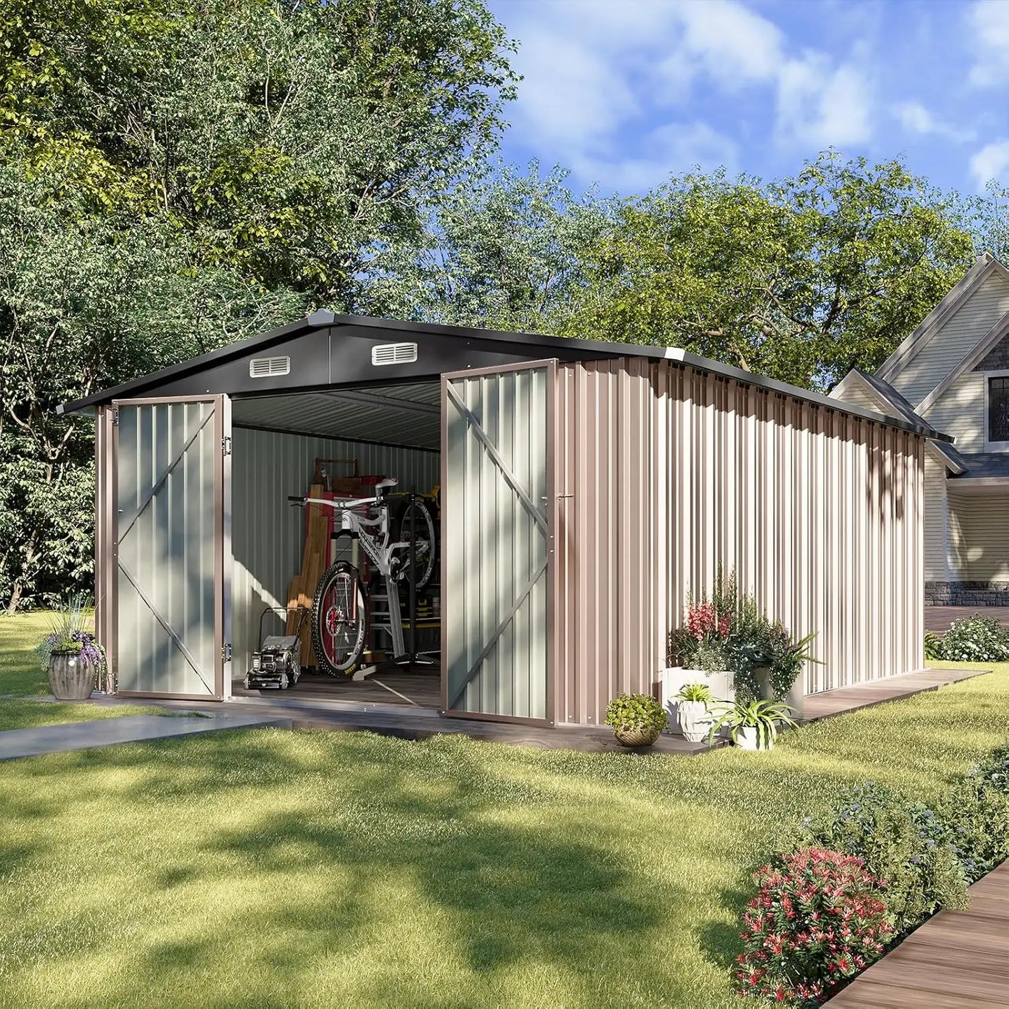 Outdoor Metal Storage Shed With Sloped Roof And Double Hinged Doors