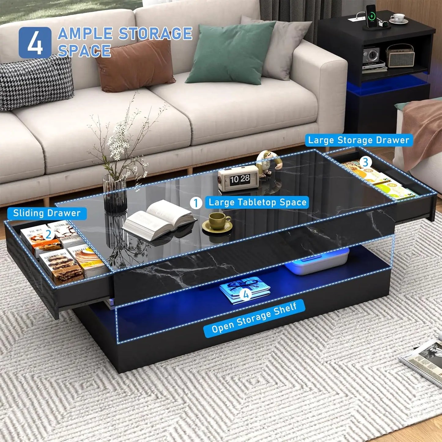 QiaoShiRen Modern LED Coffee Table With Two Storage Drawers