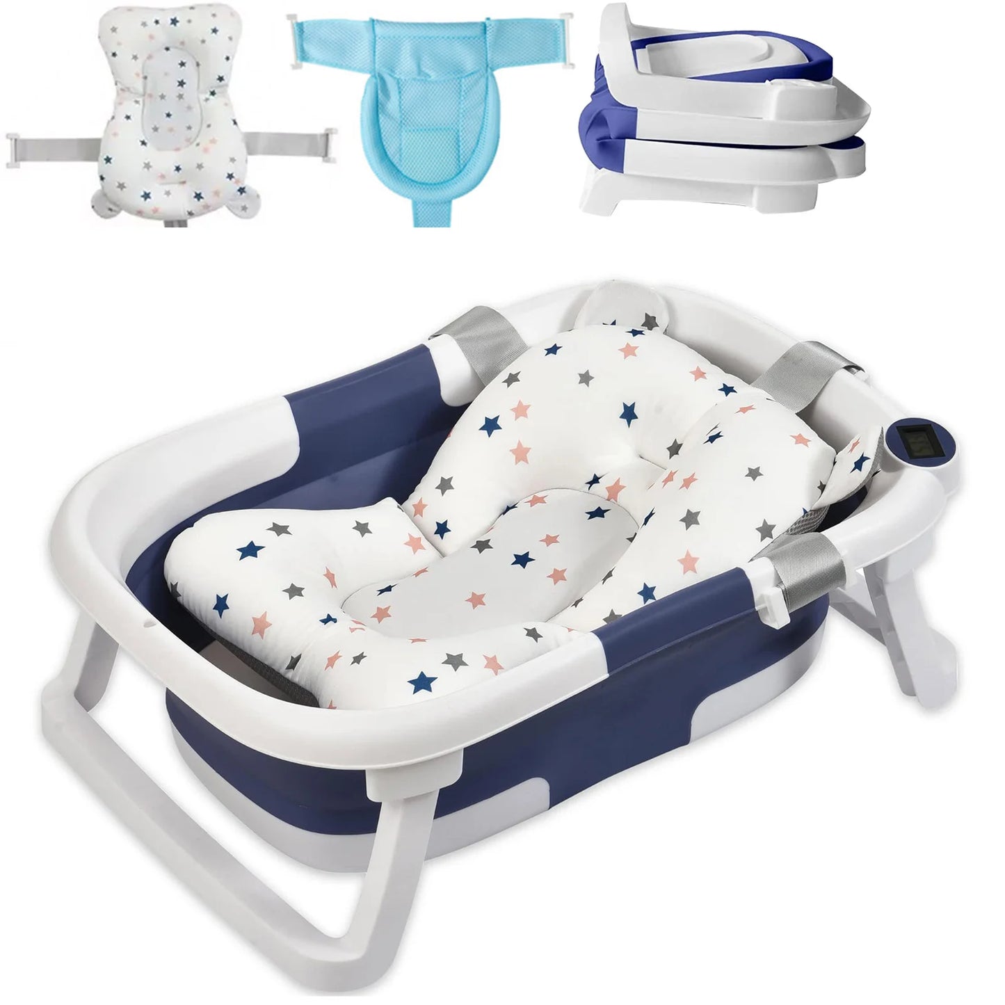 Baby Bath Tub With Cushion Thermometer Foldable Design