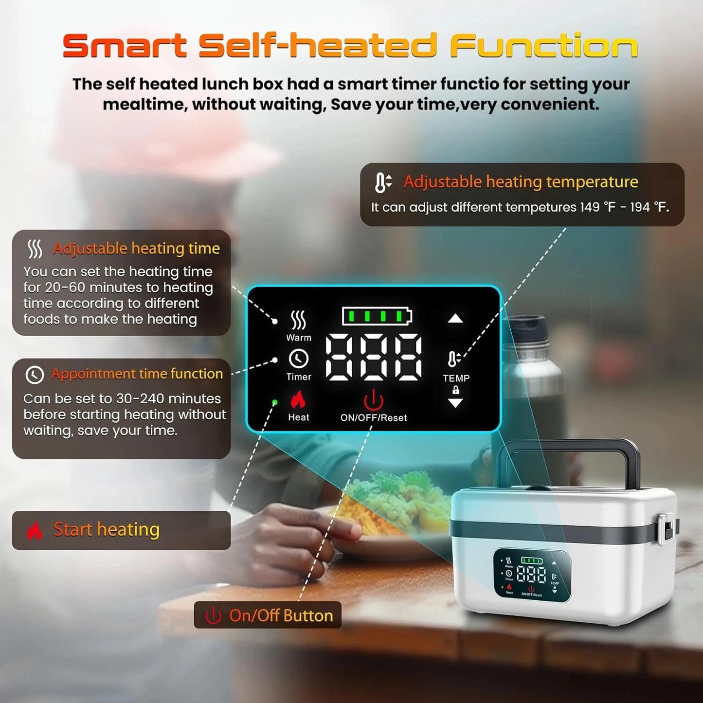 Wireless Electric Insulated Lunch Box With 60W Heating 8000mAh Battery