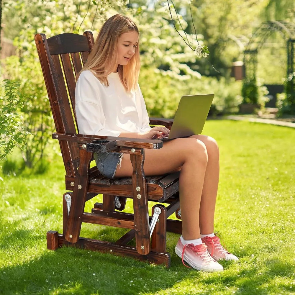 Rustic Outdoor Bamboo Glider Chair With Cup Holder And Smooth Rocking