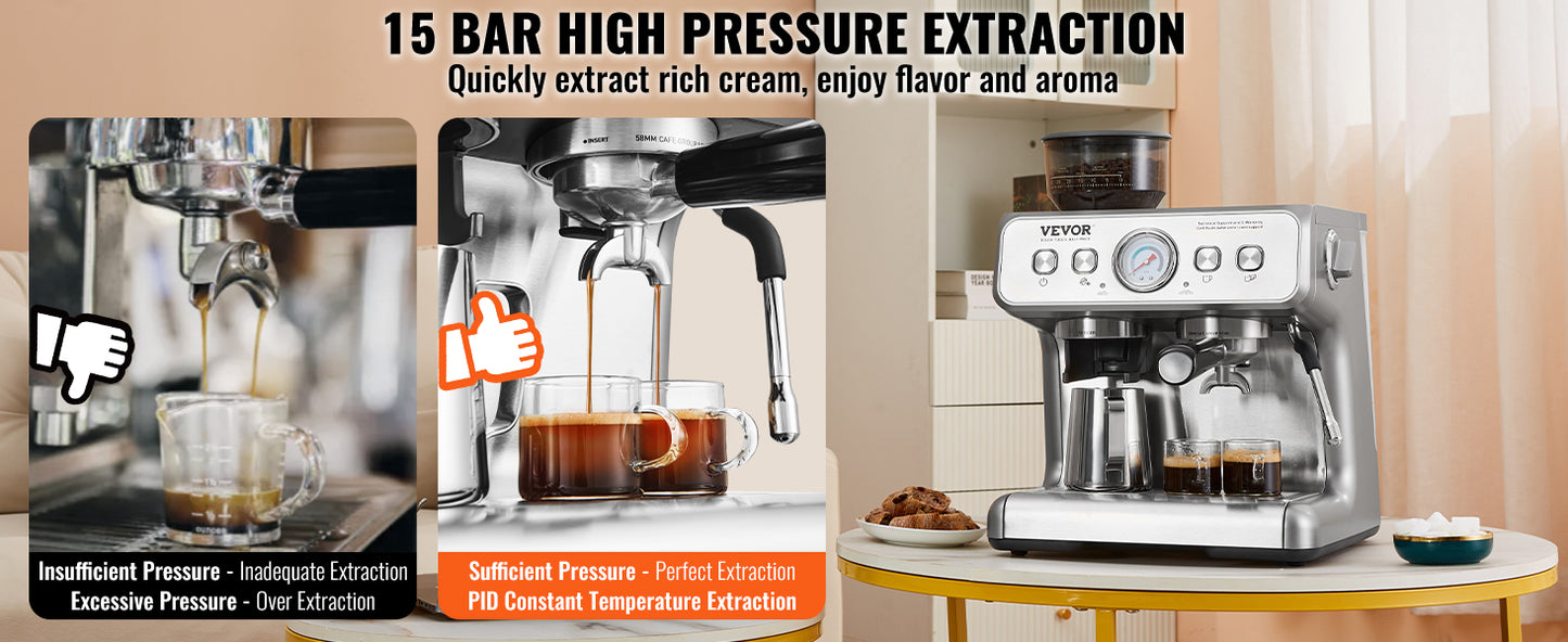 VEVOR Espresso Machine With Grinder 15 Bar Milk Frother