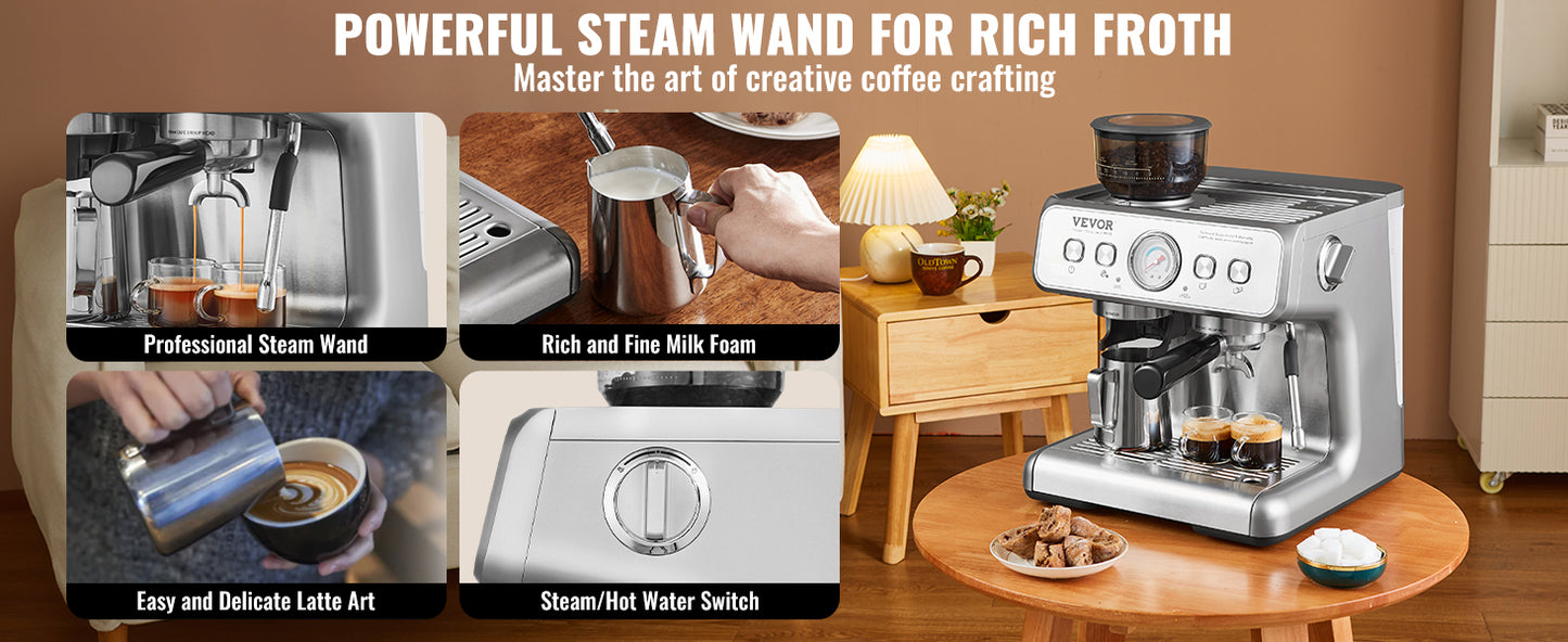 VEVOR Espresso Machine With Grinder 15 Bar Milk Frother