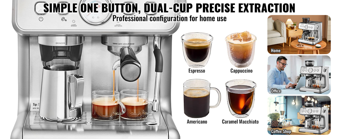 VEVOR Espresso Machine With Grinder 15 Bar Milk Frother